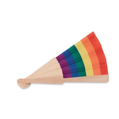 Ventilator de mana din lemn cu panouri din material curcubeu colorat pentru racorire usoara
