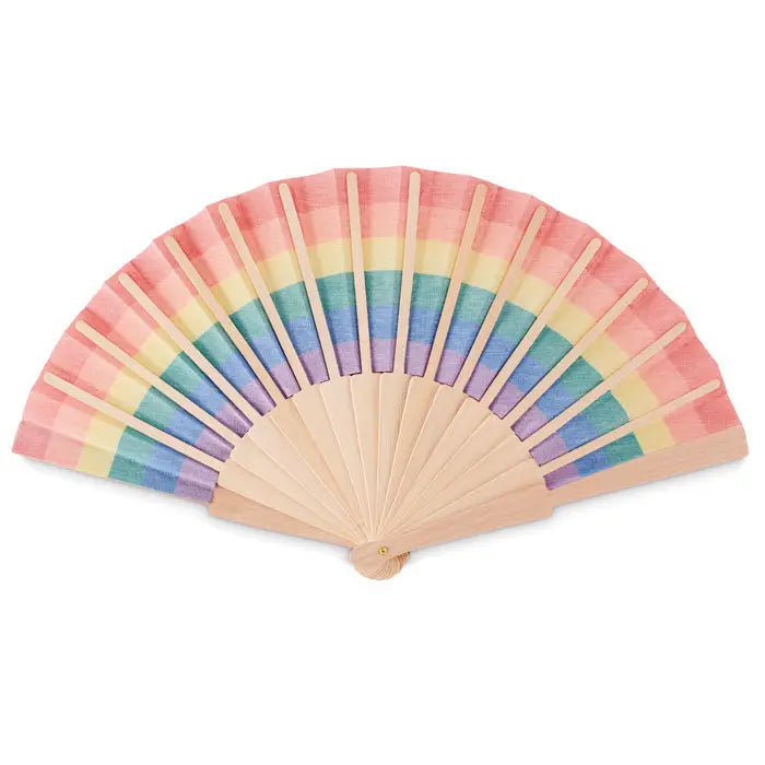 Ventilator de mana din lemn cu panouri din material cu dungi curcubeu pentru racorire usoara si stil