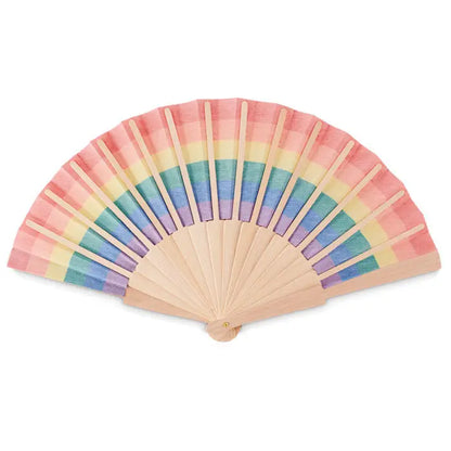 Ventilator de mana din lemn cu panouri din material cu dungi curcubeu pentru racorire usoara si stil