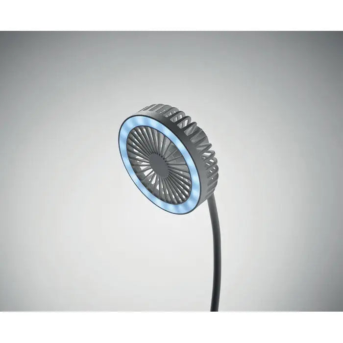 Ventilator incarcator de birou negru si argintiu cu design rotund si inel led albastru iluminat pentru birou