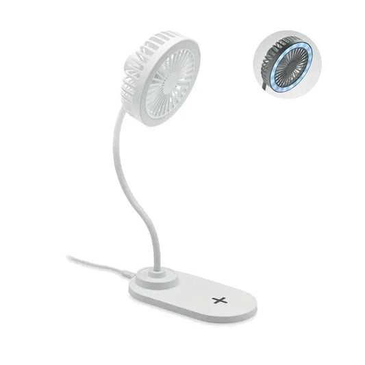 Ventilator încărcător de birou alb cu gât flexibil, lampă led integrată și bază de plastic cu încărcare wireless