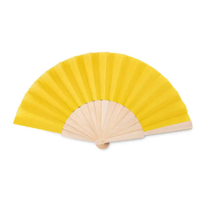 Ventilator manual din lemn cu evantai vibrant galben si cadru deschis din lemn usor