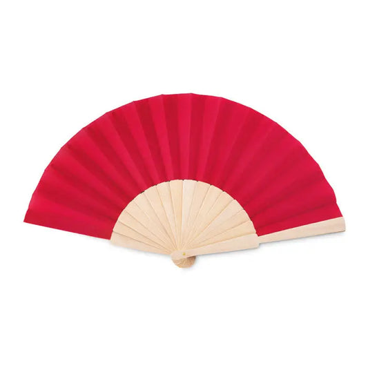 Ventilator manual din lemn cu evantai vibrant rosu si cadru si maner din lemn deschis