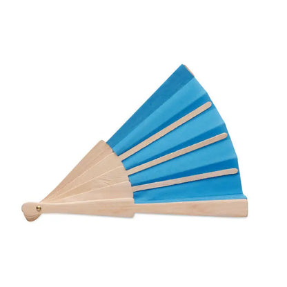 Ventilator manual din lemn albastru cu ramă din lemn deschis și bețișoare subțiri pliabile