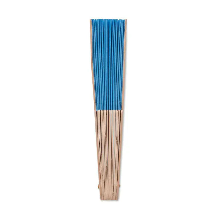 Ventilator manual din lemn cu spițe albastre vibrante și cadru din bambus natural, evantai pliabil tradițional