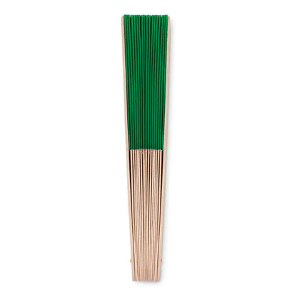 Ventilator manual din lemn cu evantai pliabil traditional verde si spițe din lemn natur
