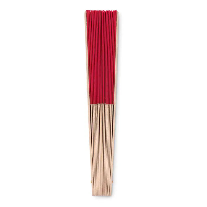 Ventilator manual din lemn cu suprafață roșie vibrantă și spițe din lemn natural, evantai pliabil tradițional