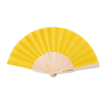 Ventilator manual din lemn cu evantai pliabil labraba galben vibrant si cadru din lemn deschis la culoare