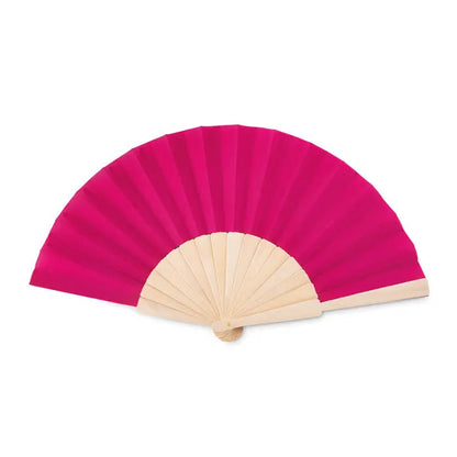Ventilator manual din lemn cu evantai vibrant fucsia si cadru si maner din lemn deschis la culoare