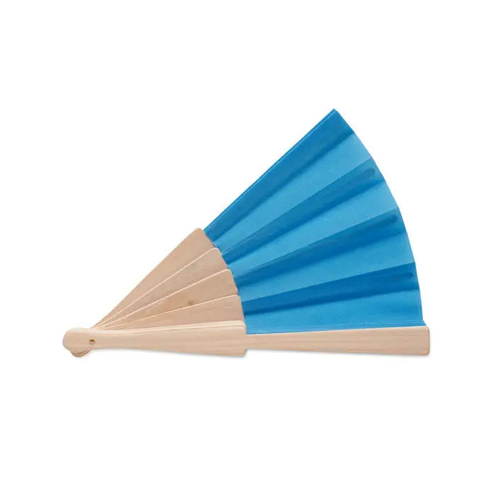 Ventilator manual din lemn cu elice albastră din plastic și cadru de bambus culoarea lemnului deschis