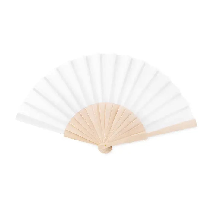 Ventilator manual din lemn cu evantai alb si maner din lemn deschis la culoare