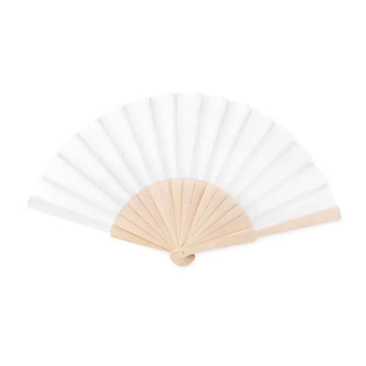 Ventilator manual din lemn cu evantai alb si maner din lemn deschis la culoare