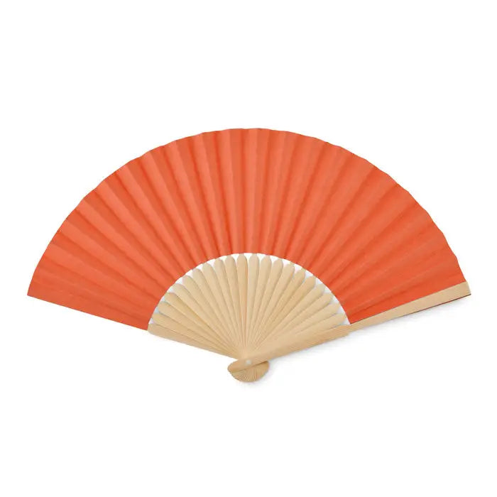 Ventilator manual manual coral-colored paper fan with light wood handle and bone-like ribs