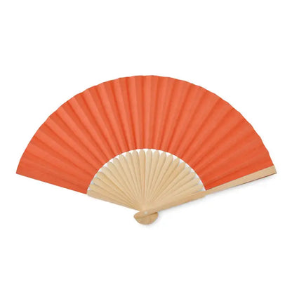 Ventilator manual manual coral-colored paper fan with light wood handle and bone-like ribs