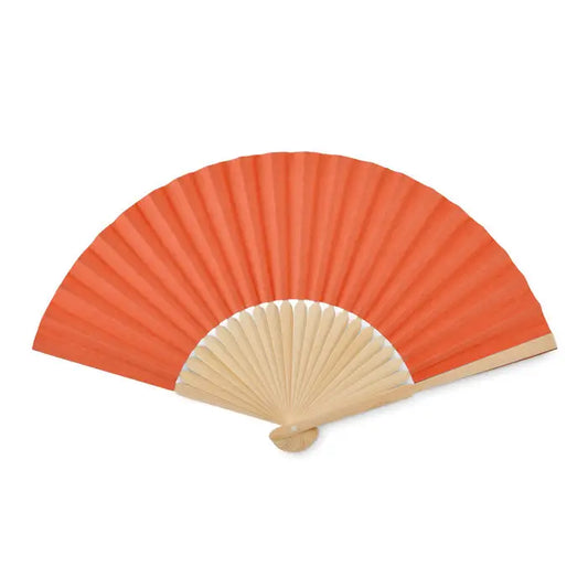 Ventilator manual manual coral-colored paper fan with light wood handle and bone-like ribs