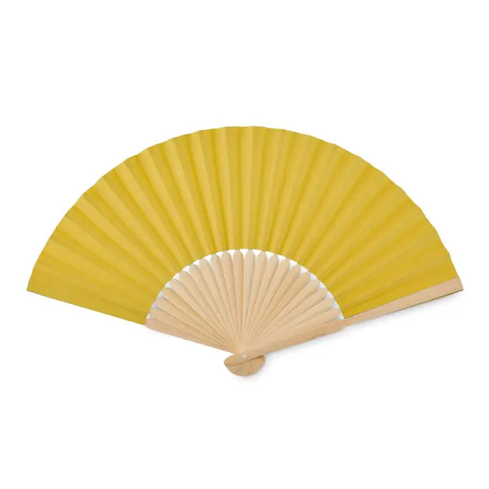 Ventilator manual galben cu mâner din lemn deschis și spițe asemeni oaselor din material natural