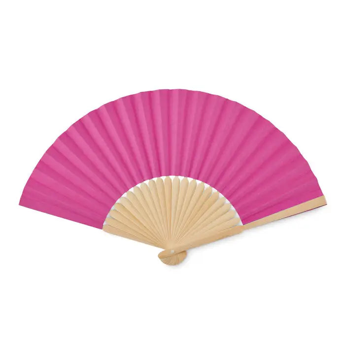 Ventilator manual cu evantai de hârtie roz vibrant și mâner și cadru din lemn deschis la culoare
