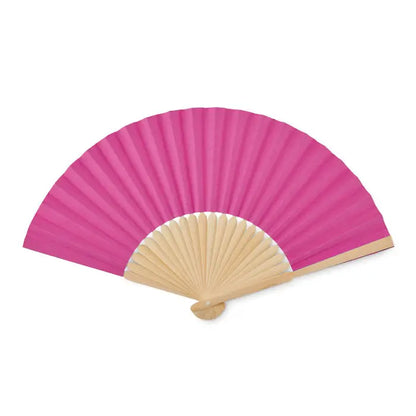 Ventilator manual cu evantai de hârtie roz vibrant și mâner și cadru din lemn deschis la culoare