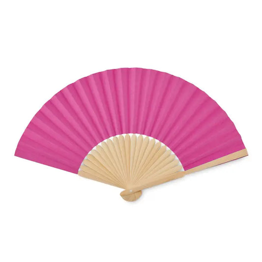 Ventilator manual cu evantai de hârtie roz vibrant și mâner și cadru din lemn deschis la culoare