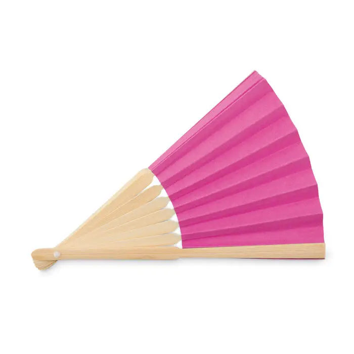 Ventilator manual manual cu evantai de hârtie vibrant roz și mâner din lemn deschis la culoare