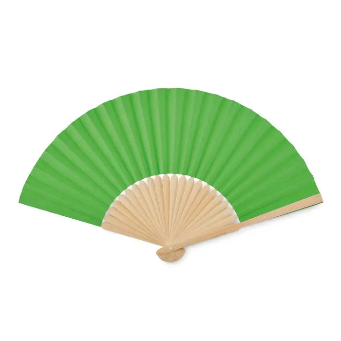 Ventilator manual verde vibrant din hârtie cu mâner din lemn deschis și nervuri asemănătoare osului