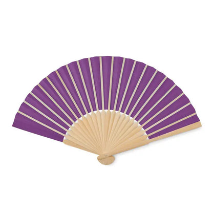 Ventilator manual manual cu evantai din hartie mov si bej cu rama din lemn pentru racire manuala