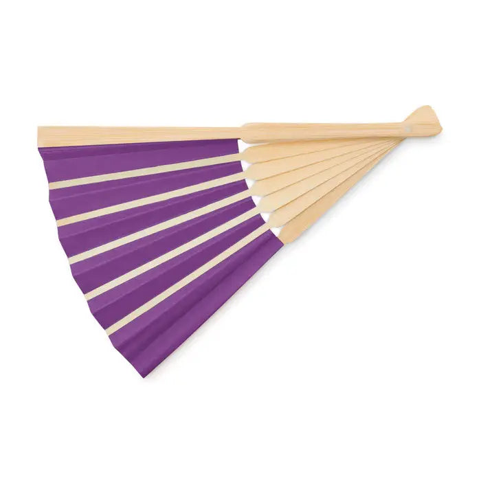 Ventilator manual manual din hârtie mov cu bețe din lemn deschis la culoare și dungi crem