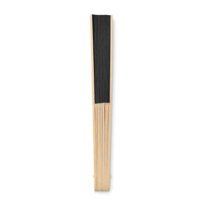 Ventilator manual cu evantai pliabil traditional cu ramă de lemn deschis și panouri negre din material textil