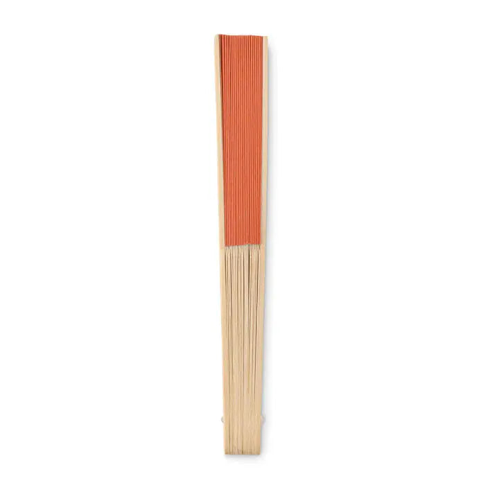 Ventilator manual traditional folding fan with light wood frame and vibrant orange fabric panels
