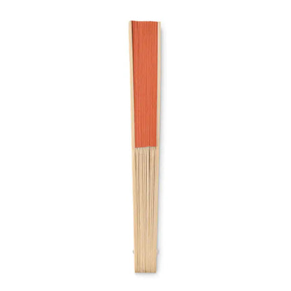 Ventilator manual traditional folding fan with light wood frame and vibrant orange fabric panels