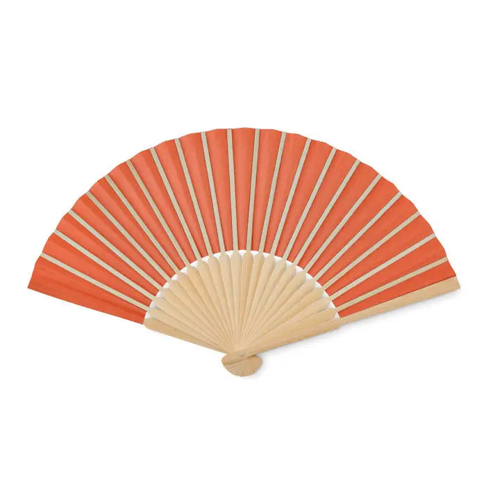 Ventilator manual manual cu evantai pliabil traditional cu panza portocalie vibranta si spite din bambus deschis la culoare