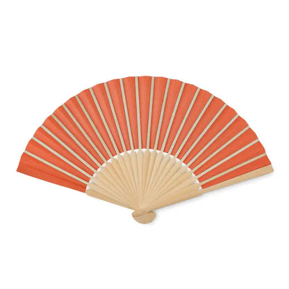 Ventilator manual manual cu evantai pliabil traditional cu panza portocalie vibranta si spite din bambus deschis la culoare