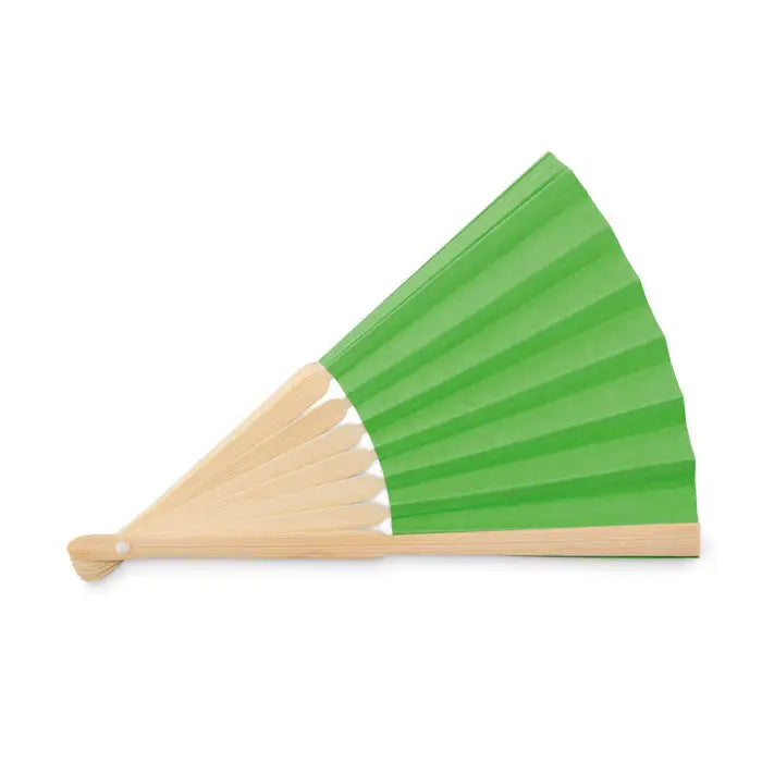 Ventilator manual manual cu evantai manual verde și cadru din lemn deschis la culoare