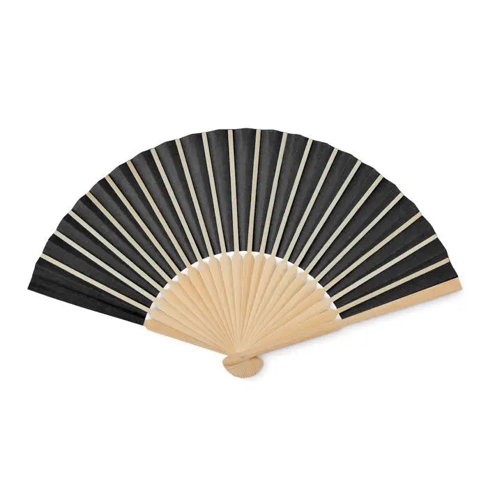 Ventilator manual cu evantai pliabil cu dungi negre si bej si cadru din lemn