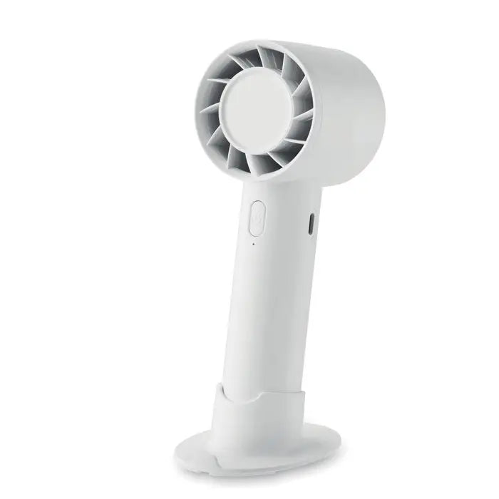 Ventilator portabil mic alb cu design modern si carcasa circulara a palelor cu baterie de 2000 mah