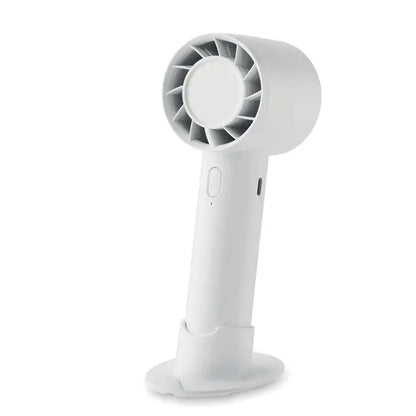Ventilator portabil mic alb cu design modern si carcasa circulara a palelor cu baterie de 2000 mah