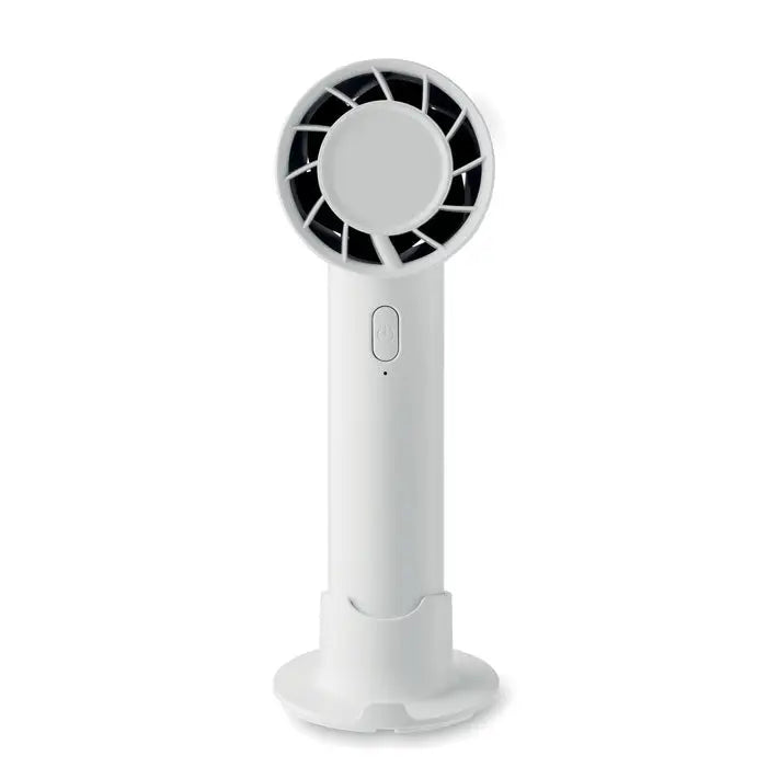 Ventilator portabil mic alb cu cilindru si grilaj negru pe cap circular si buton pornire pe tija, 2000 mah