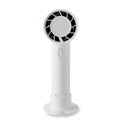 Ventilator portabil mic alb cu cilindru si grilaj negru pe cap circular si buton pornire pe tija, 2000 mah