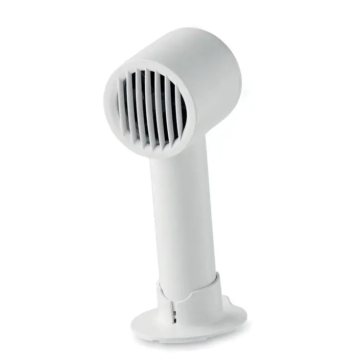 Ventilator portabil mic alb din plastic cu design modern si ferestre verticale pe fata pentru racire usoara