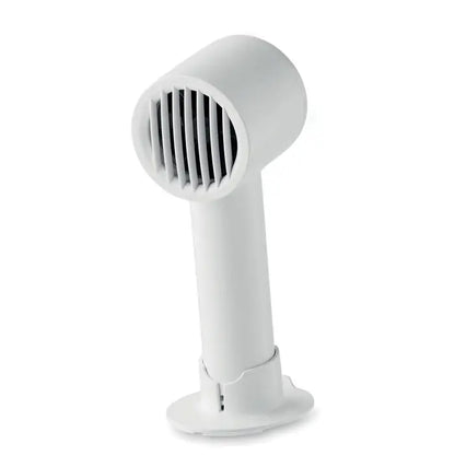 Ventilator portabil mic alb din plastic cu design modern si ferestre verticale pe fata pentru racire usoara