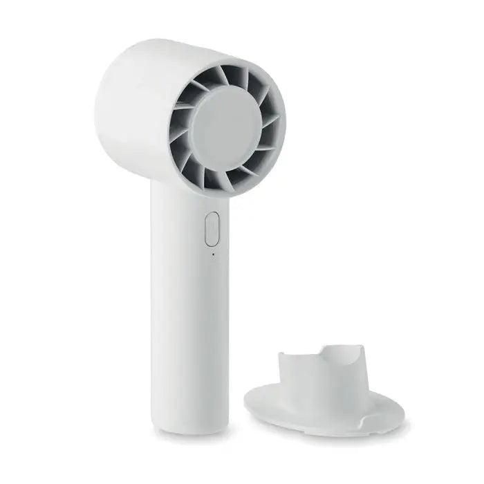 Ventilator portabil mic de 2000 mah alb cu design minimalist si grila circulara pentru uscare parului