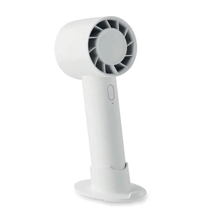 Ventilator portabil mic alb cu design minimalist si grila circulara pentru uscarea rapida a parului