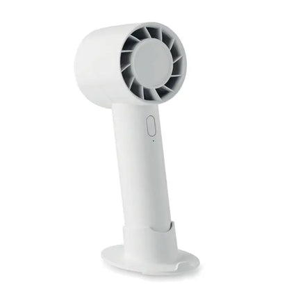 Ventilator portabil mic alb cu design minimalist si grila circulara pentru uscarea rapida a parului