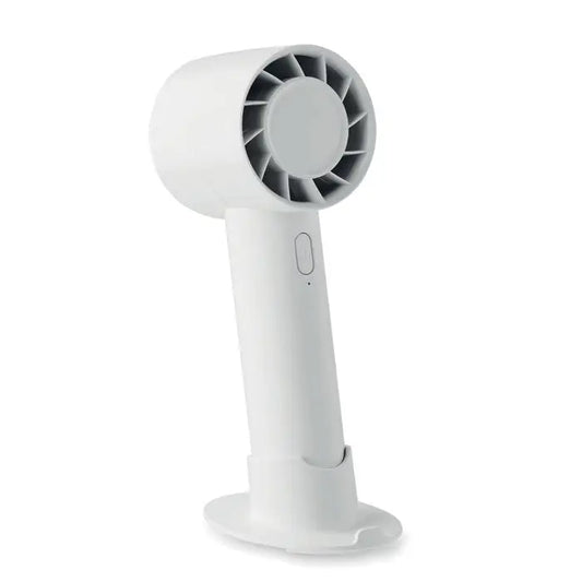 Ventilator portabil mic alb cu design minimalist si grila circulara pentru uscarea rapida a parului