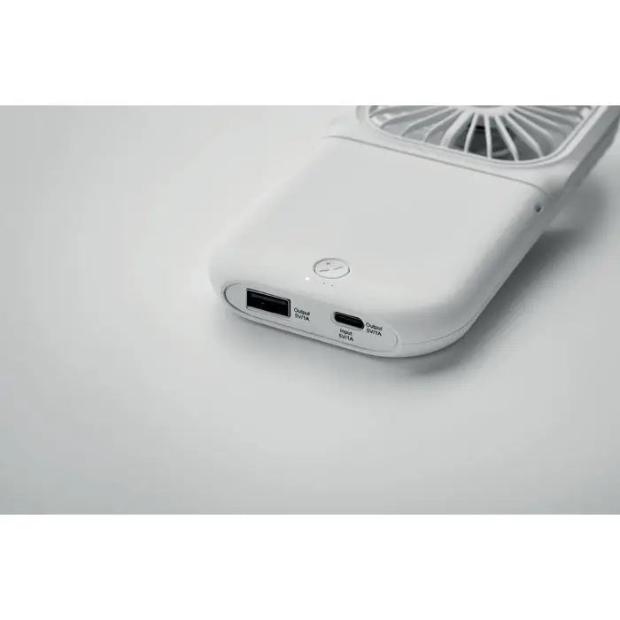 Ventilator portabil pliabil alb cu baterie integrata si doua porturi usb pentru birou si uz mobil