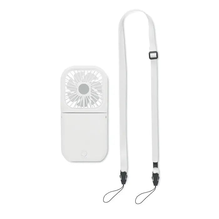 Ventilator portabil pliabil alb cu design dreptunghiular elegant si curea asortata pentru uz personal sau birou