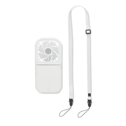Ventilator portabil pliabil alb cu design dreptunghiular elegant si curea asortata pentru uz personal sau birou