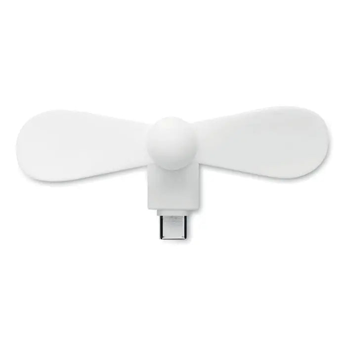 Ventilator portabil usb-c alb cu două pale netede și carcasă compactă din plastic