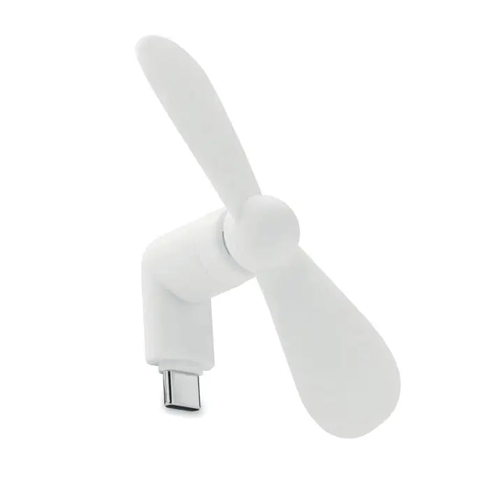 Ventilator portabil usb-c alb cu trei pale rotunjite și corp compact din plastic pentru uz portabil