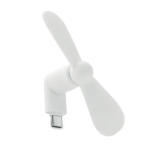 Ventilator portabil usb-c alb cu trei pale rotunjite și corp compact din plastic pentru uz portabil